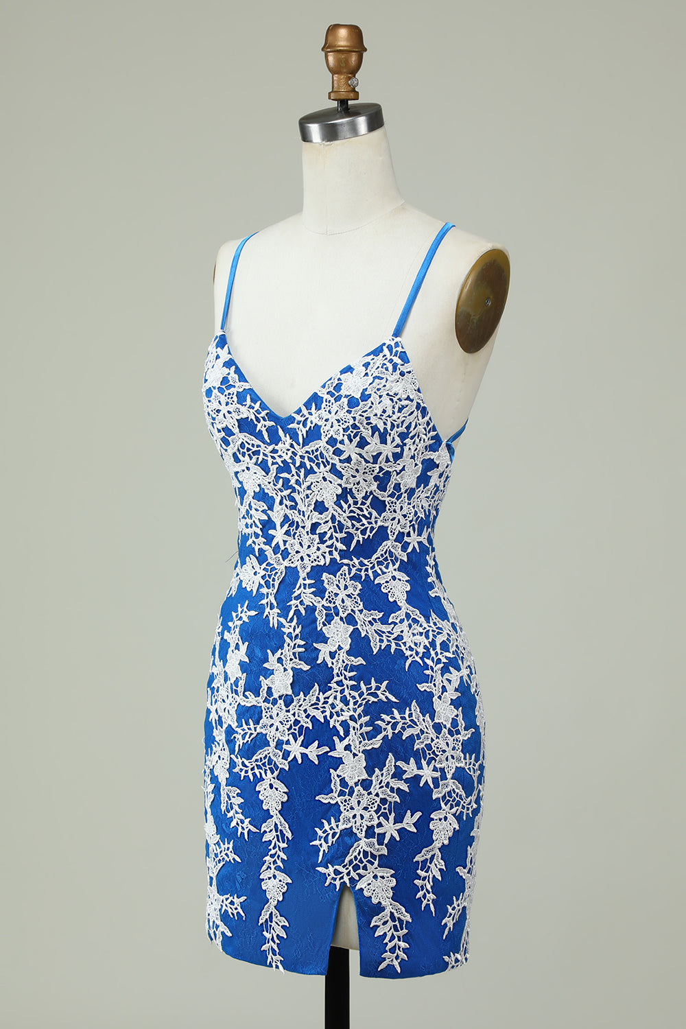 Spaghetti Straps Blue Sheath Short Ball Dress With Appliques