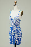 Spaghetti Straps Blue Sheath Short Ball Dress With Appliques