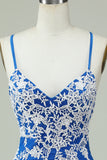 Spaghetti Straps Blue Sheath Short Ball Dress With Appliques