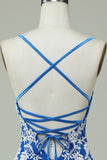 Spaghetti Straps Blue Sheath Short Ball Dress With Appliques