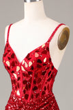 Glitter Mirror Sequins Red Corset Ball Dress with Slit