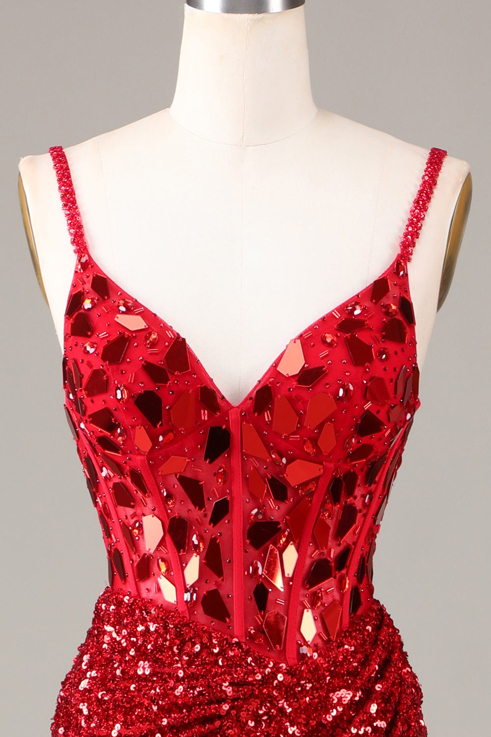 Glitter Mirror Sequins Red Corset Ball Dress with Slit