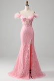 Mermaid Off the Shoulder Sparkly Pink Feathers Corset Ball Dress With Slit