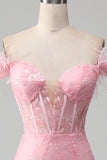 Mermaid Off the Shoulder Sparkly Pink Feathers Corset Ball Dress With Slit