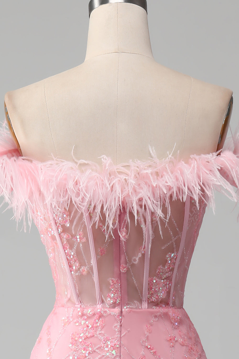 Mermaid Off the Shoulder Sparkly Pink Feathers Corset Ball Dress With Slit