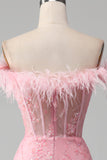 Mermaid Off the Shoulder Sparkly Pink Feathers Corset Ball Dress With Slit