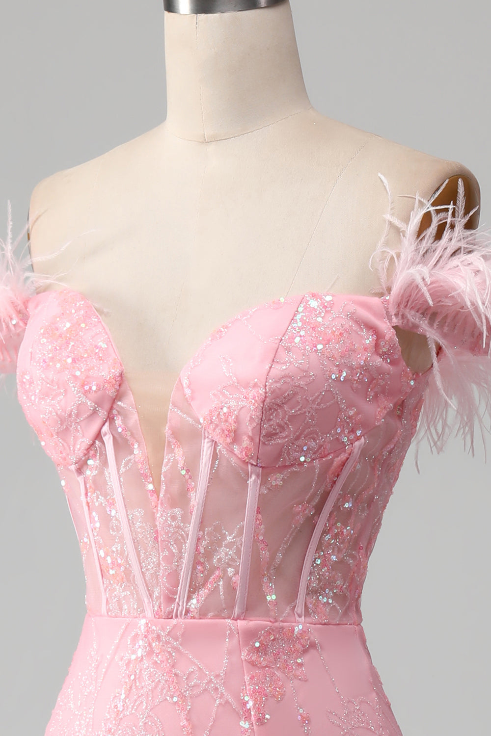 Mermaid Off the Shoulder Sparkly Pink Feathers Corset Ball Dress With Slit