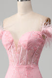 Mermaid Off the Shoulder Sparkly Pink Feathers Corset Ball Dress With Slit