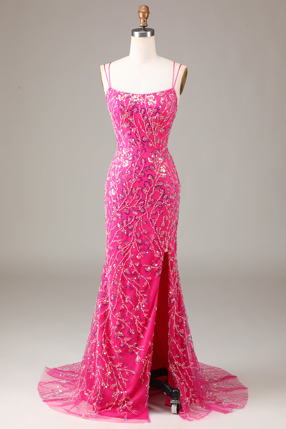 Hot Pink Sequins & Beaded Mermaid Ball Dress with Slit