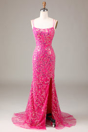 Hot Pink Sequins & Beaded Mermaid Ball Dress with Slit