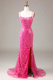 Hot Pink Sequins & Beaded Mermaid Ball Dress with Slit
