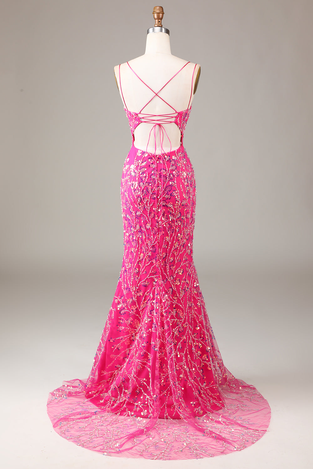 Hot Pink Sequins & Beaded Mermaid Ball Dress with Slit