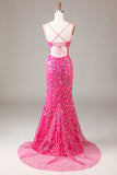Hot Pink Sequins & Beaded Mermaid Ball Dress with Slit