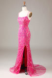 Hot Pink Sequins & Beaded Mermaid Ball Dress with Slit