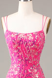 Hot Pink Sequins & Beaded Mermaid Ball Dress with Slit