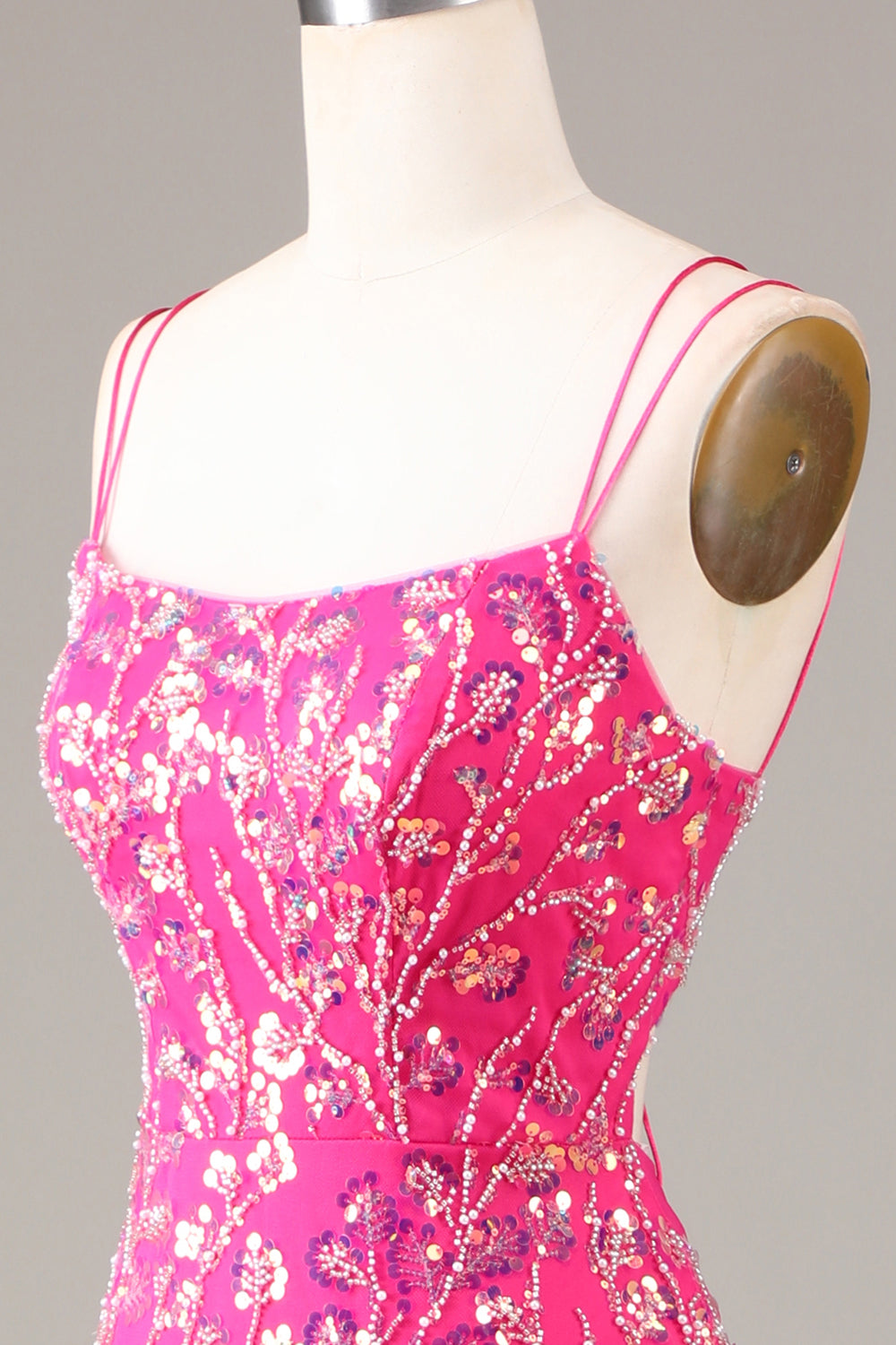 Hot Pink Sequins & Beaded Mermaid Ball Dress with Slit