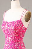 Hot Pink Sequins & Beaded Mermaid Ball Dress with Slit