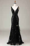 Black Sparkly Deep V-neck Mermaid Ball Dress with Feathers