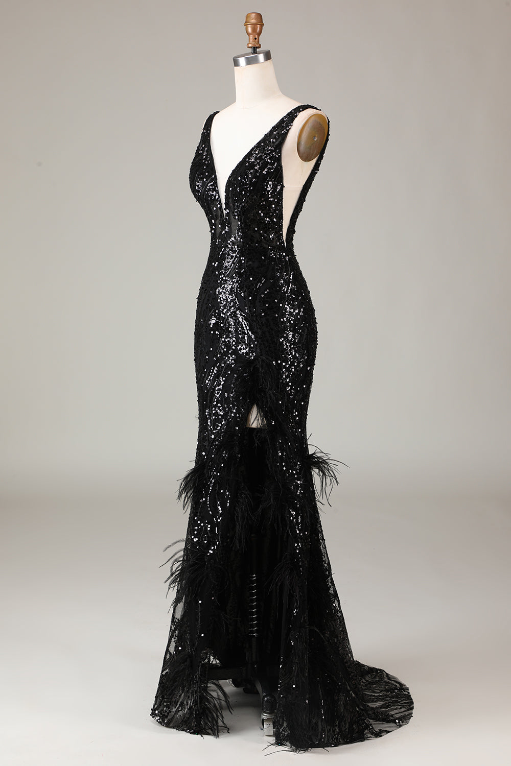 Black Sparkly Deep V-neck Mermaid Ball Dress with Feathers