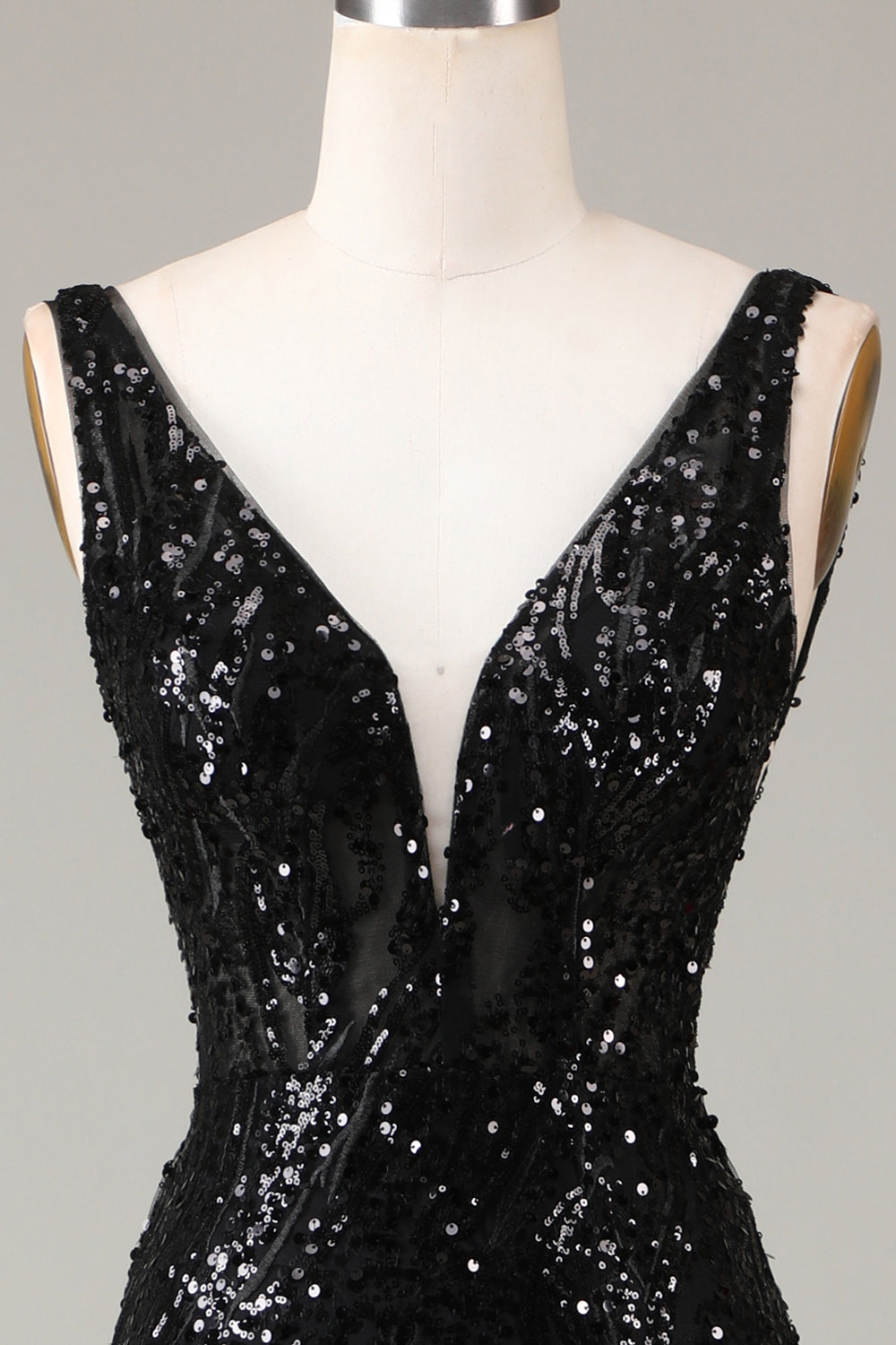 Black Sparkly Deep V-neck Mermaid Ball Dress with Feathers