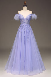 A-Line Cold Shoulder Lilac Corset Ball Dress with Appliques
