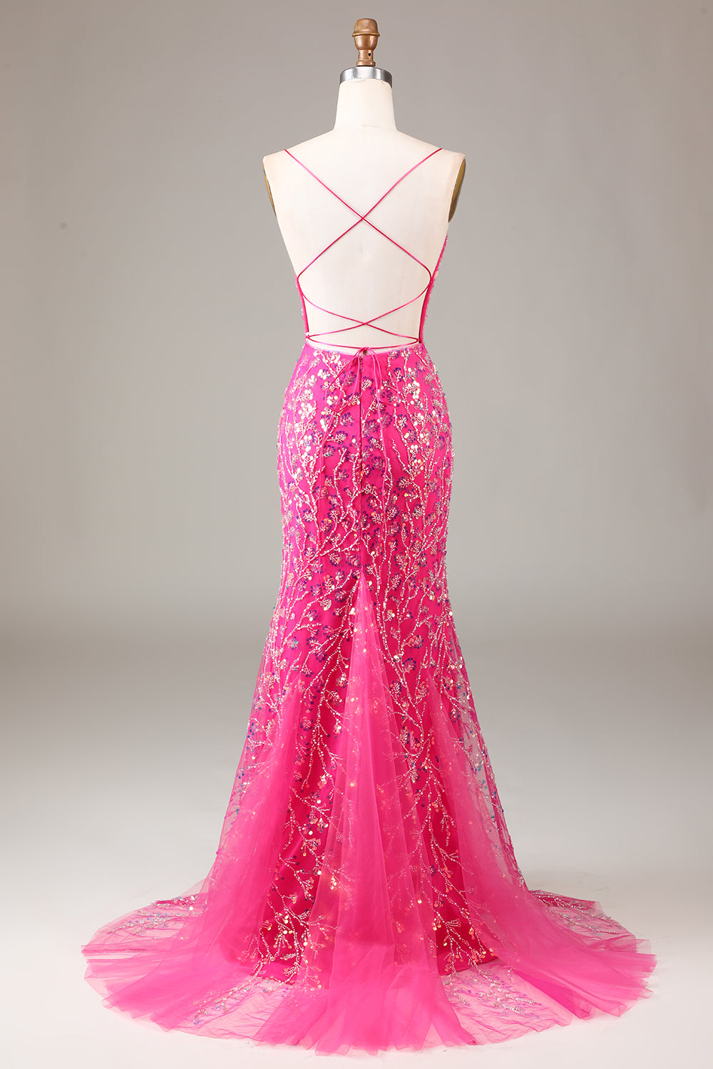 Hot Pink Sequins & Beaded Mermaid Ball Dress with Backless
