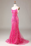 Hot Pink Sequins & Beaded Mermaid Ball Dress with Backless