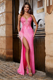 Pink Spaghetti Straps Glitter Sequin Mermaid Ball Dress with Slit