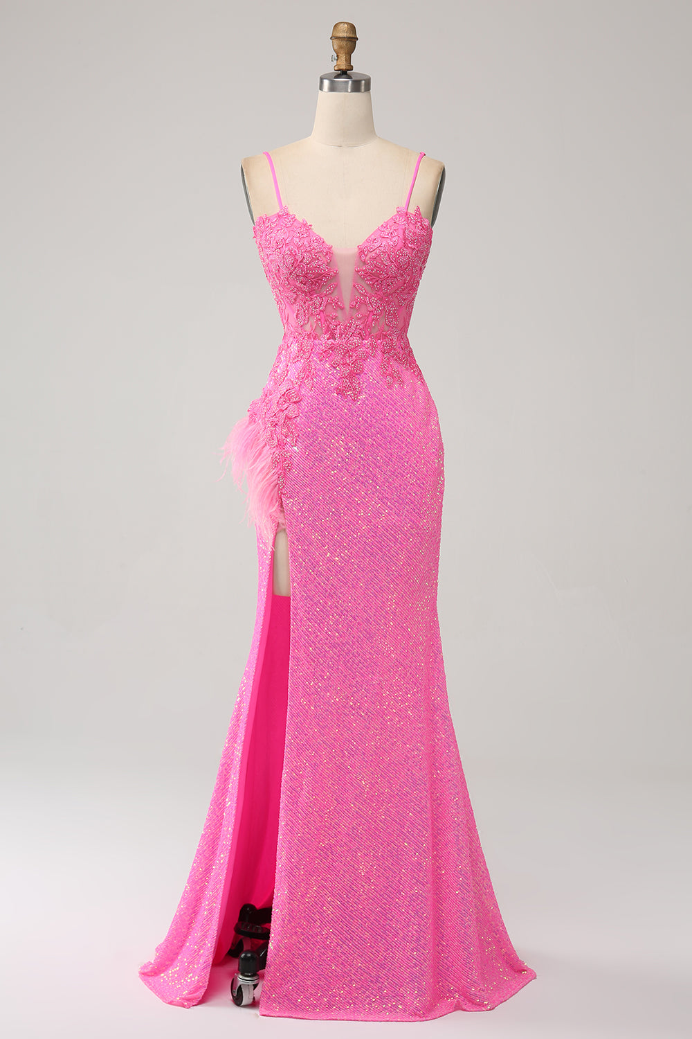 Trendy Mermaid Spaghetti Straps Pink Sequins Long Ball Dress with Appliques