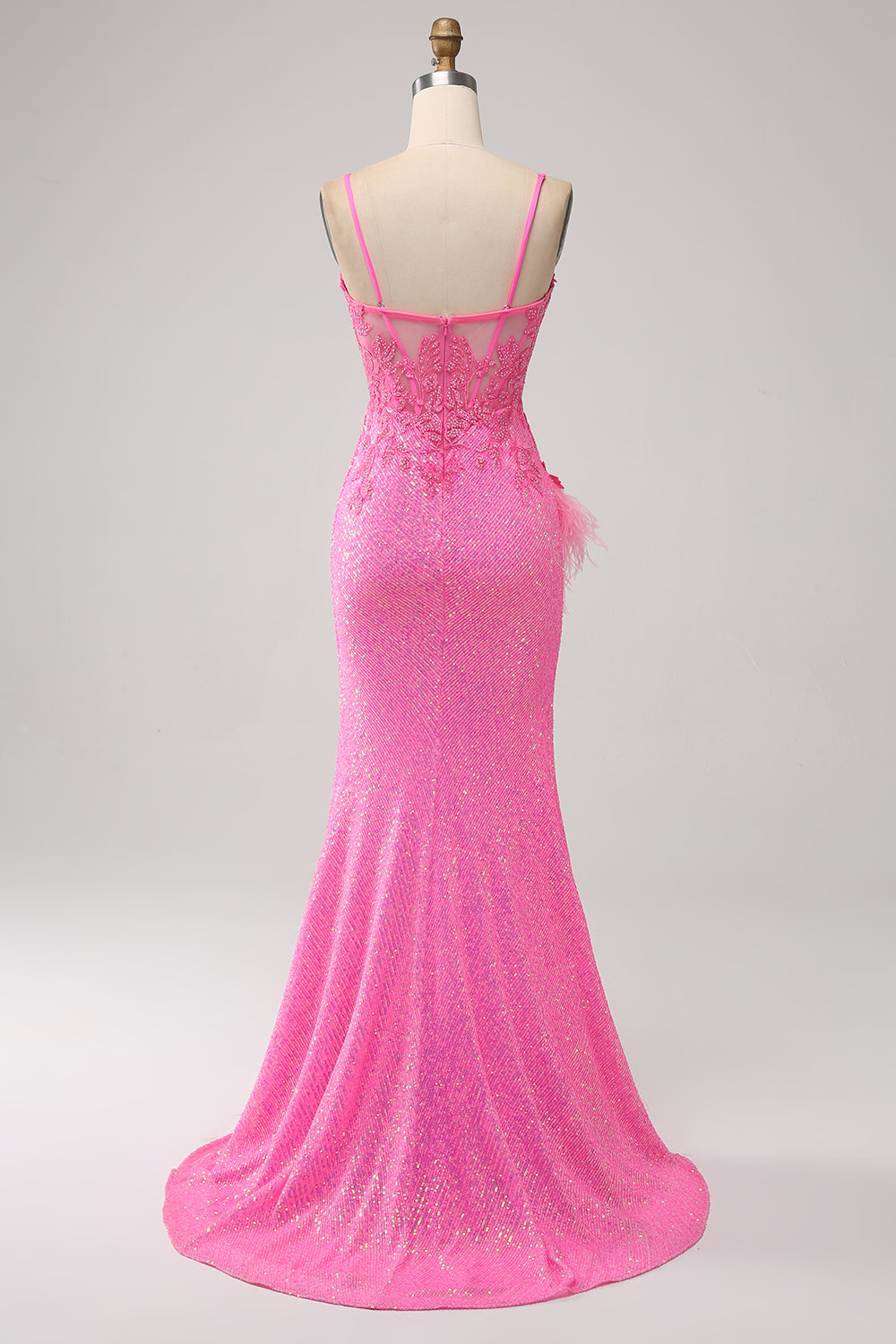 Trendy Mermaid Spaghetti Straps Pink Sequins Long Ball Dress with Appliques