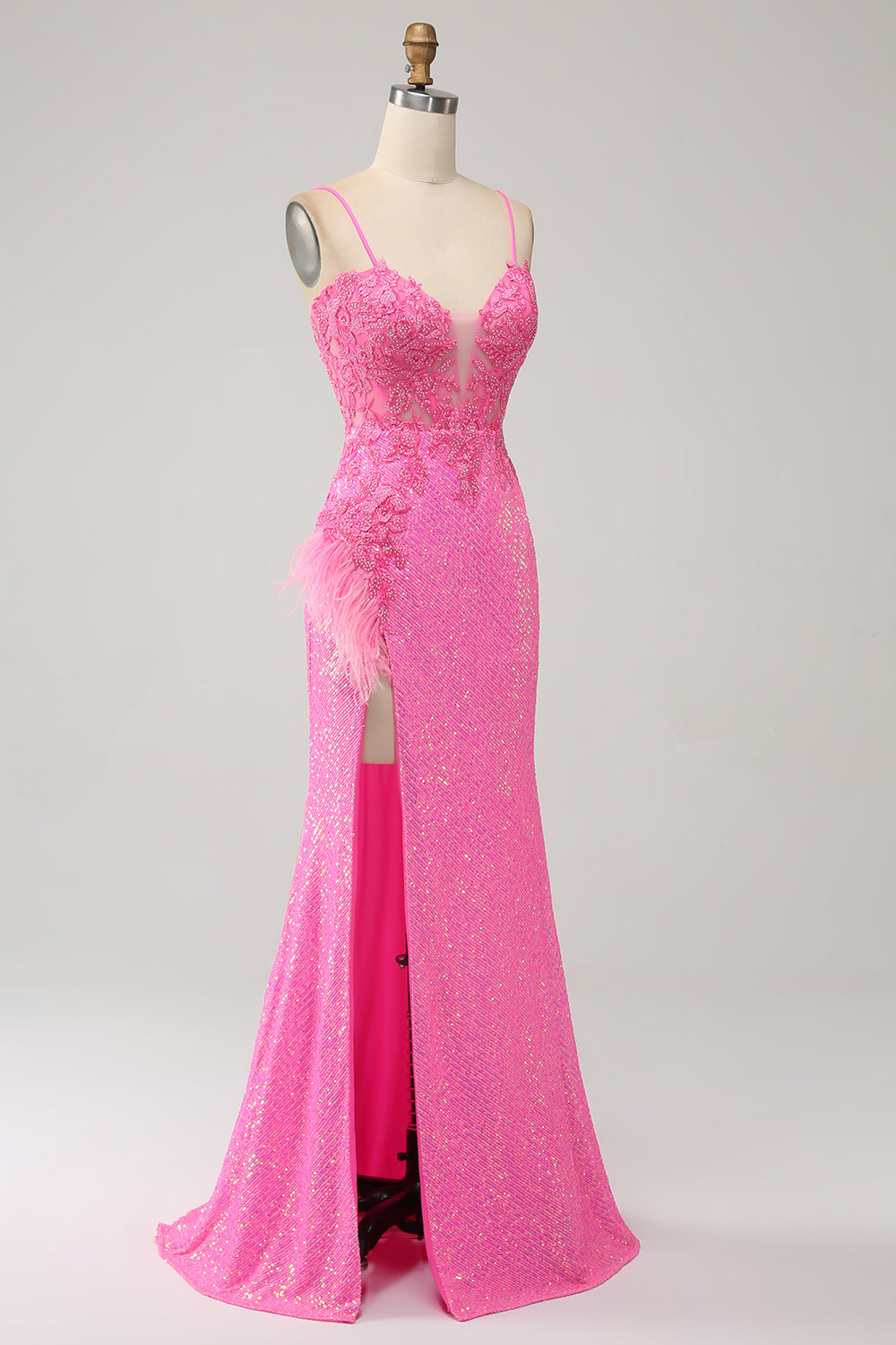 Trendy Mermaid Spaghetti Straps Pink Sequins Long Ball Dress with Appliques