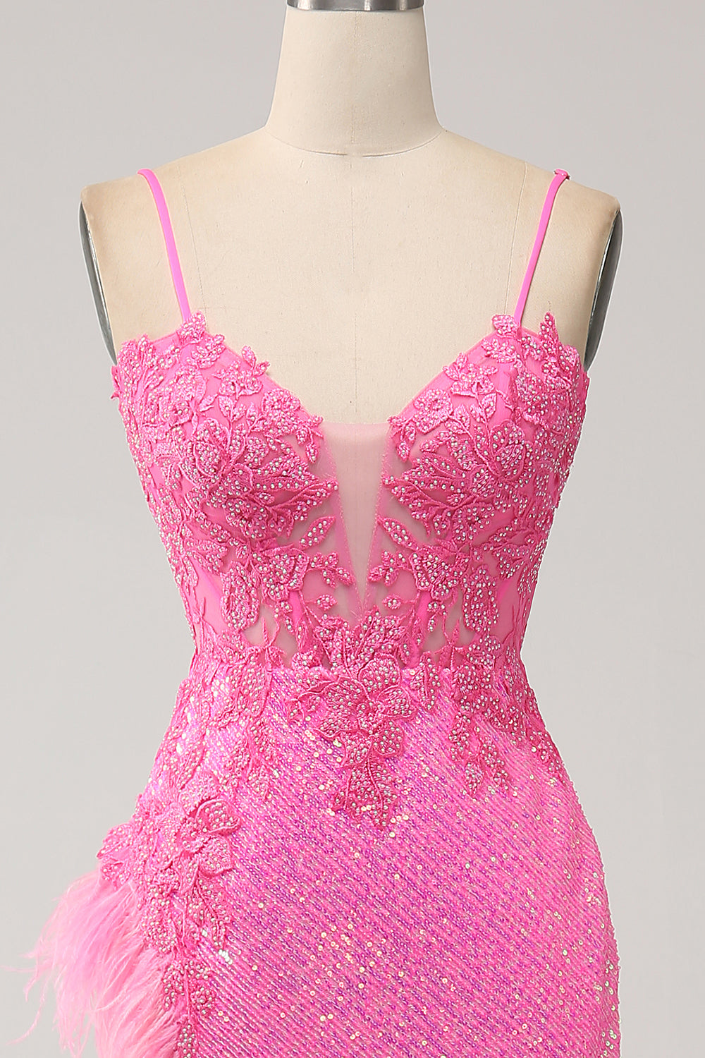 Trendy Mermaid Spaghetti Straps Pink Sequins Long Ball Dress with Appliques