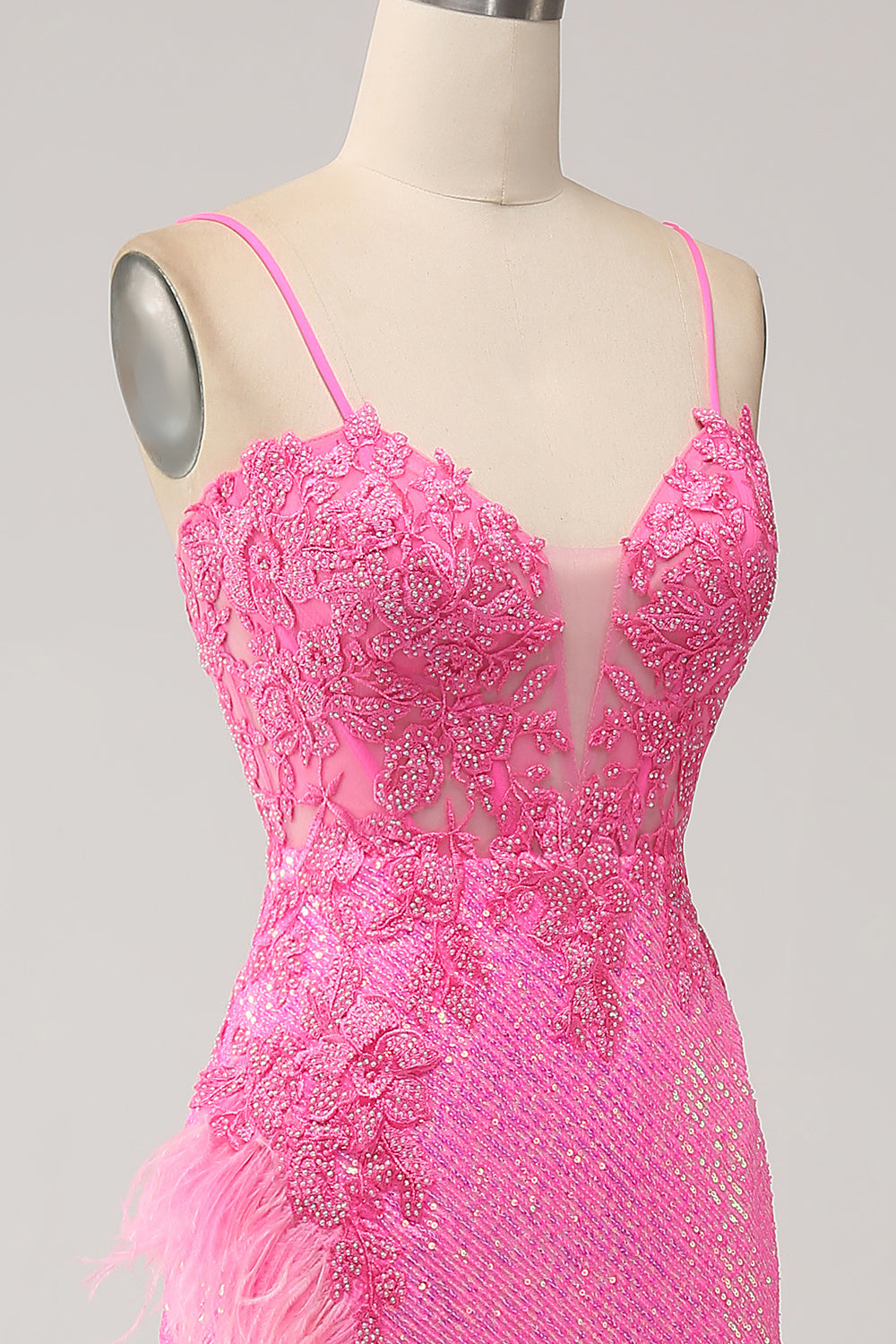 Trendy Mermaid Spaghetti Straps Pink Sequins Long Ball Dress with Appliques