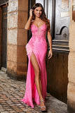 Pink Spaghetti Straps Glitter Sequin Mermaid Ball Dress with Slit