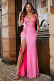 Pink Spaghetti Straps Glitter Sequin Mermaid Ball Dress with Slit