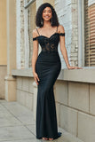 Glitter Off the Shoulder Black Mermaid Long Ball Dress