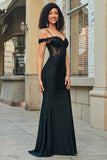 Glitter Off the Shoulder Black Mermaid Long Ball Dress