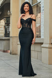 Glitter Off the Shoulder Black Mermaid Long Ball Dress