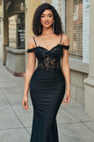 Glitter Off the Shoulder Black Mermaid Long Ball Dress