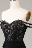 Off the Shoulder Black Sparkly Mermaid Ball Dress