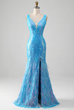 Sparkly Blue Mermaid V-Neck Long Ball Dress With Slit