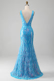 Sparkly Blue Mermaid V-Neck Long Ball Dress With Slit