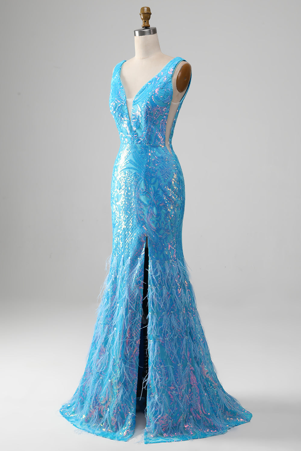 Sparkly Blue Mermaid V-Neck Long Ball Dress With Slit