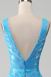 Sparkly Blue Mermaid V-Neck Long Ball Dress With Slit