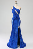 Royal Blue Mermaid One Shoulder Sparkly Sequins Long Ball Dress with Slit