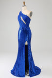 Royal Blue Mermaid One Shoulder Sparkly Sequins Long Ball Dress with Slit