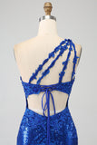 Royal Blue Mermaid One Shoulder Sparkly Sequins Long Ball Dress with Slit