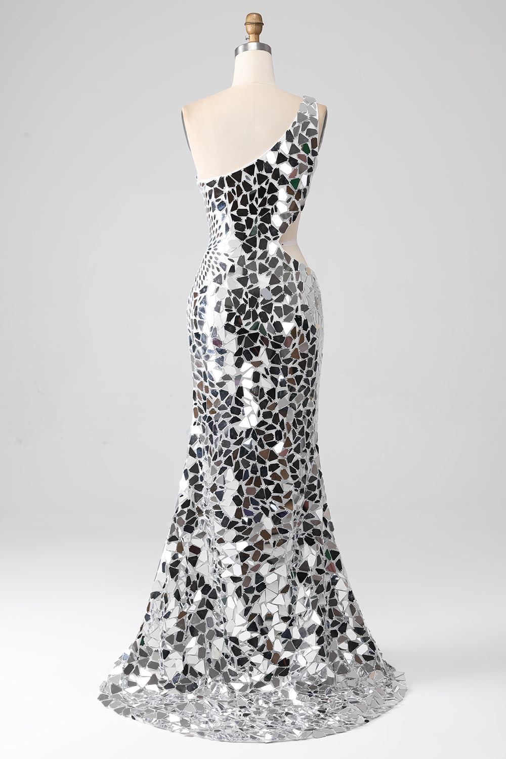 Silver Mirror Sequins One Shoulder Ball Dress with Hollow-out