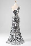 Silver Mirror Sequins One Shoulder Ball Dress with Hollow-out