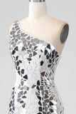 Silver Mirror Sequins One Shoulder Ball Dress with Hollow-out